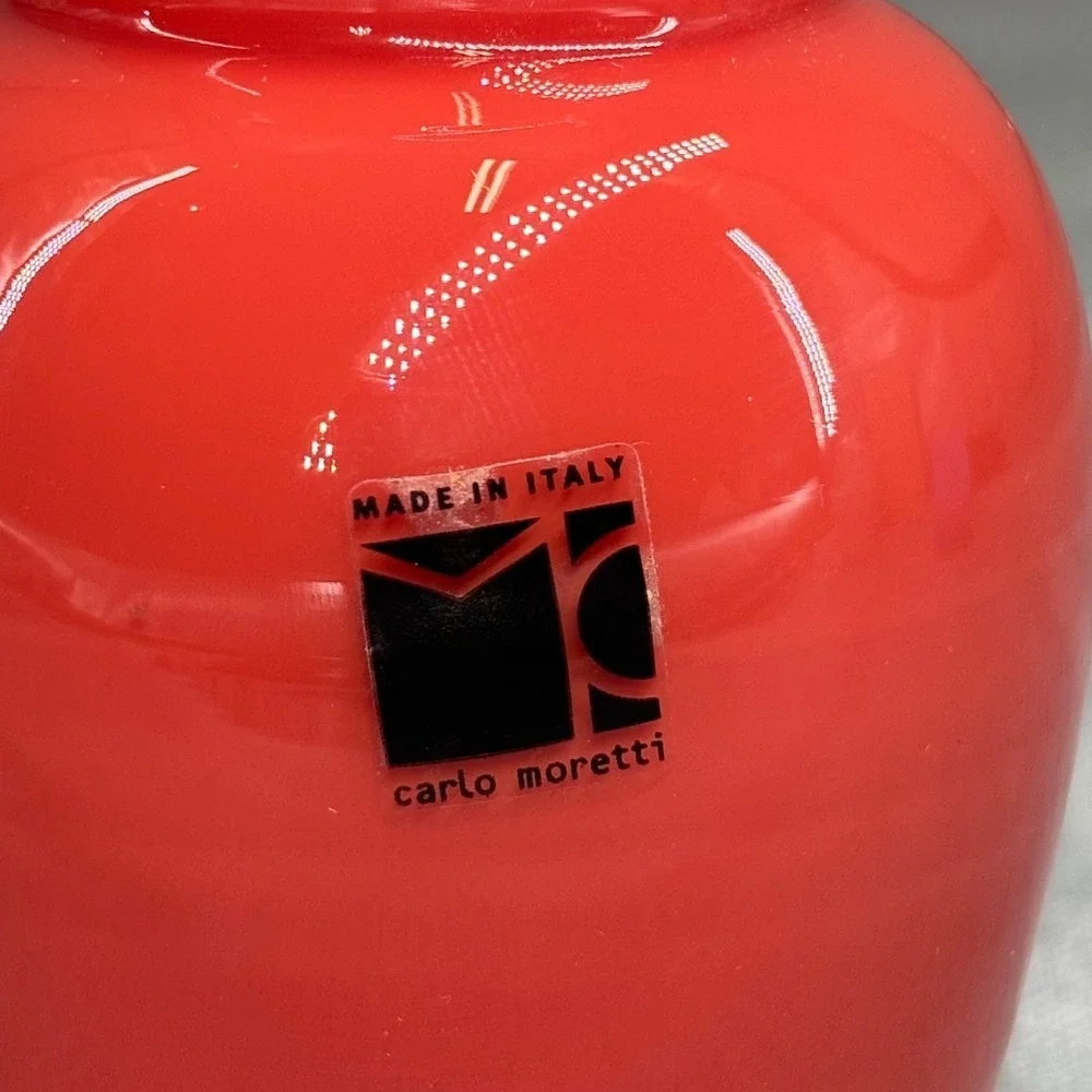 Carlo Moretti Murano Italy Orange Red Cased Glass Bud Vase MCM Signed 5